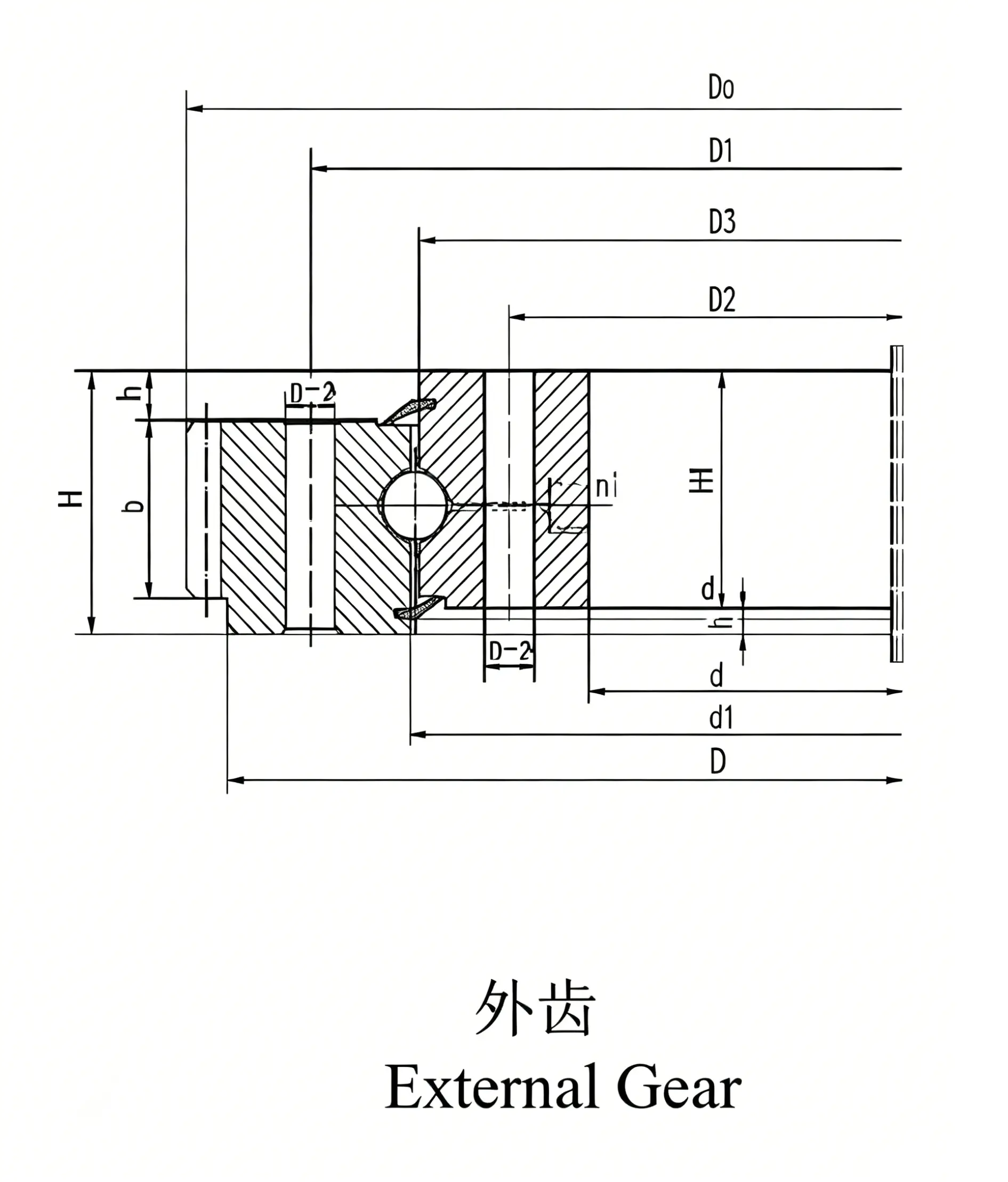 Four-Point Contact Ball Slewing Bearing with External Gear Technical Diagram