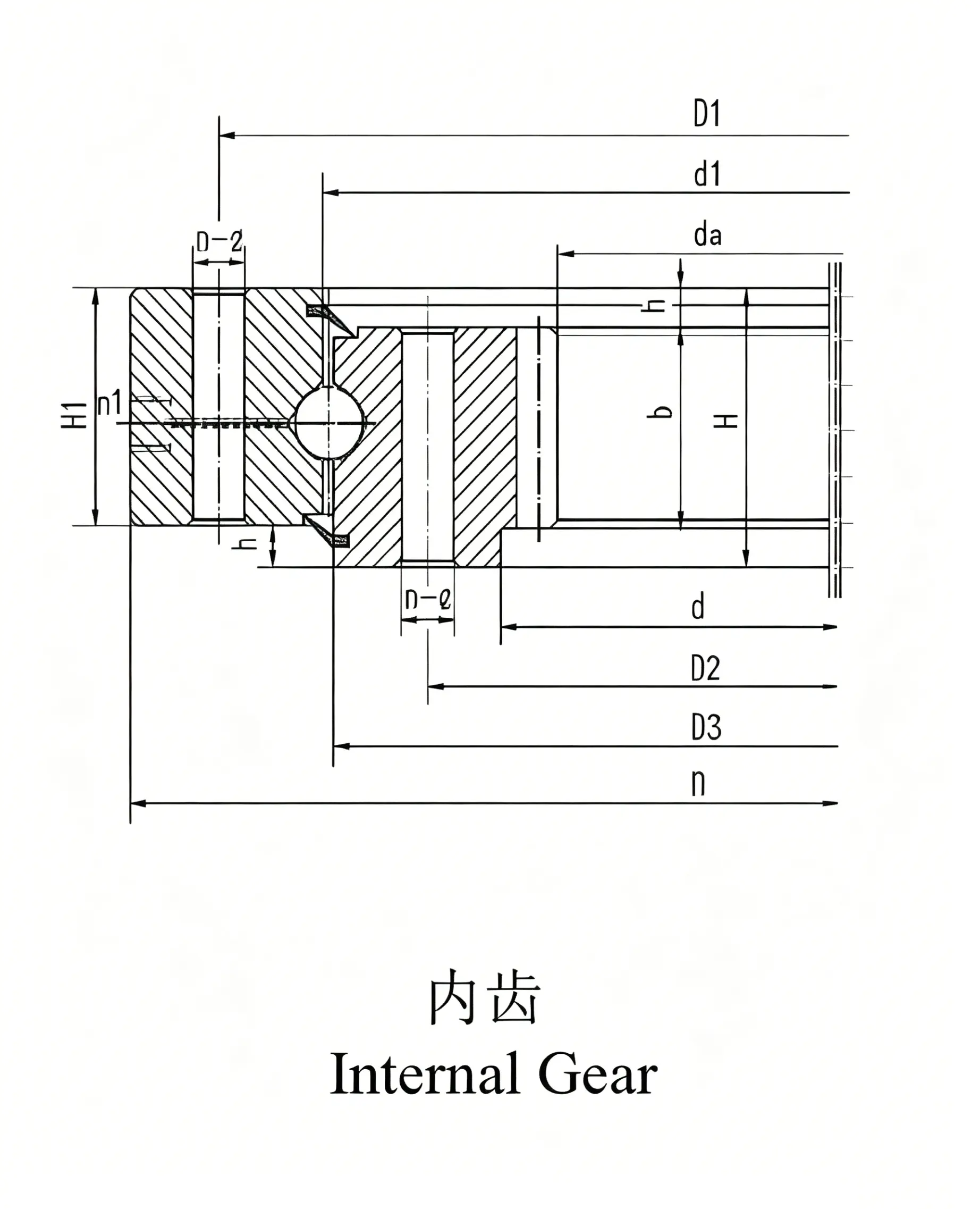 Four-Point Contact Ball Slewing Bearing with Internal Gear Technical Drawing